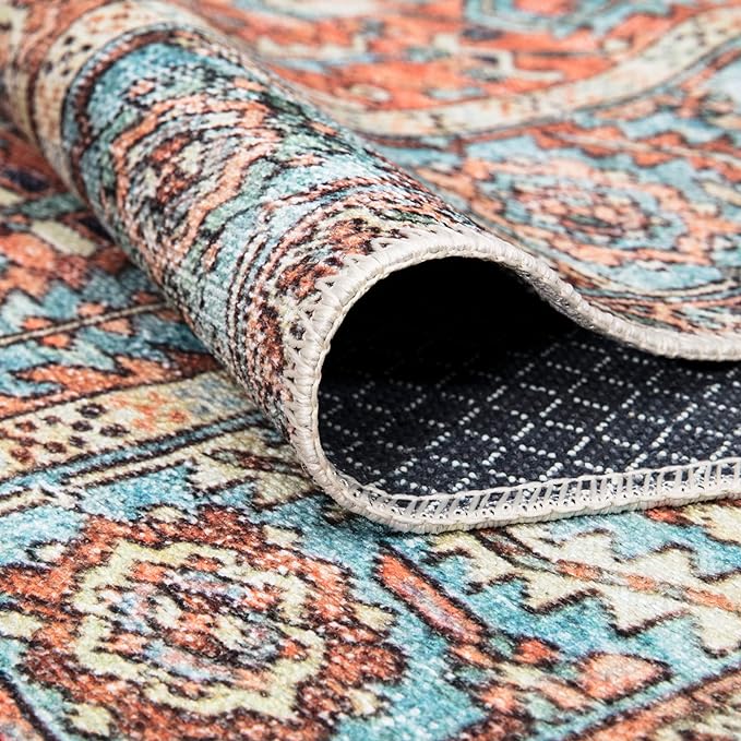Bloom Rugs Washable Non-Slip 8' x 10' Rug - Orange/Blue Traditional Area Rug for Living Room, Bedroom, Dining Room, and Kitchen - Exact Size: 8' x 10'
