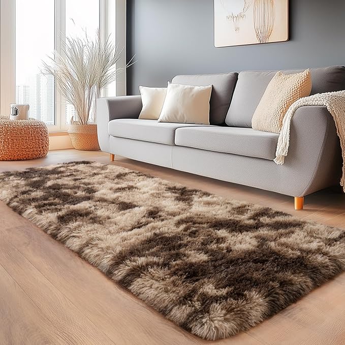 Shaggy Rugs Fluffy Rug, Plush Area Rugs for Living Room Nursery Home Decor, Tie-Dyed Brown Anti-Skid Rectangular Fuzzy Rug 2x6Feet