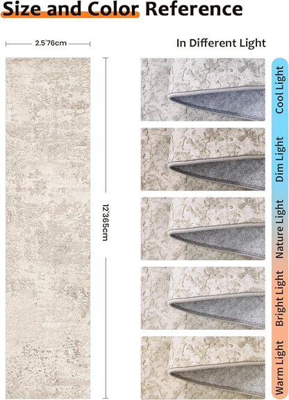 Art&Tuft Non-Slip Runner Rug - 2.5x12 Runner Rug Washable Low-Pile Rugs Runners, Soft Distressed Carpet Runner for Bedroom Bathroom Kitchen Laundry Living Room, Beige