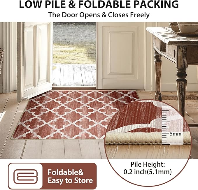 Area Rug 6ft, Moroccan Trellis Print Carpet, Machine Washable Non-Slip Rugs for Living Room, Bedroom, Dining Room & Entryway, Red