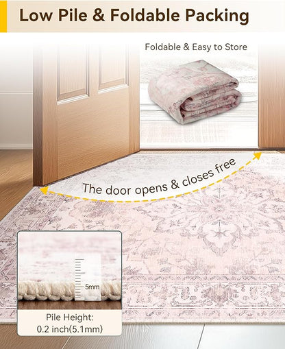 Area Rugs 2'x6' Washable Non-Slip, Floral Vintage Distress Print Pattern Medallion Carpet for Living Room Bedroom Dining Room, Pink Greypink Cute