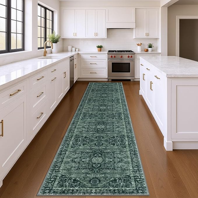 KOZYFLY Runners for Hallways 3x14 Ft Extra Long Washable Faux Wool Stair Thin Runner Rug Printed Hallway Carpet for Entryway Bedroom Stairs Kitchen Floor Accent, Dark Green