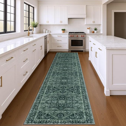 KOZYFLY Runners for Hallways 3x14 Ft Extra Long Washable Faux Wool Stair Thin Runner Rug Printed Hallway Carpet for Entryway Bedroom Stairs Kitchen Floor Accent, Dark Green