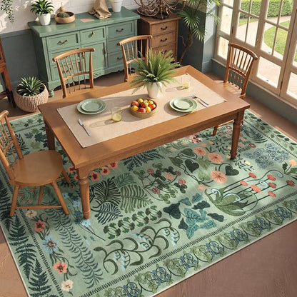 Floral Boho Washable 5x7 Area Rug for Living Room, Green Botanical Rug for Bedroom Dining Room Low Pile Non Slip, No Shed Large Carpet for Home Office Decor