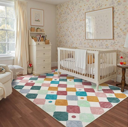 jinchan Macy Area Rug 5x7 Kids Washable Indoor Floor Cover Non-Slip Modern Soft Rug Elementary School Classroom Colorful Diamond Carpet for Nursery Playroom Daycare Living Room Confetti on Cream