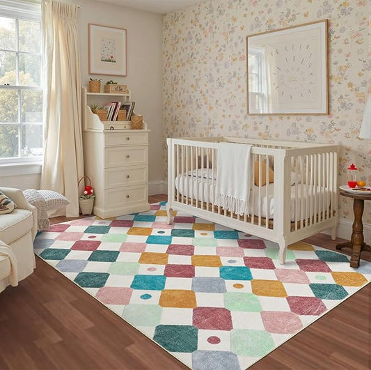 jinchan Macy Area Rug 5x7 Kids Washable Indoor Floor Cover Non-Slip Modern Soft Rug Elementary School Classroom Colorful Diamond Carpet for Nursery Playroom Daycare Living Room Confetti on Cream