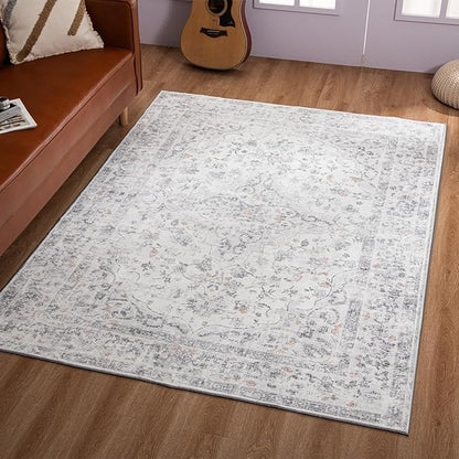 4x6 Washable Rug – Boho Non-Slip Indoor Area Rug for Living Room, Bedroom, Dining Room, Entryway – Ivory and Mist Grey with Subtle Blue Accents