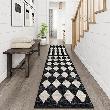 Lahome Checkered Washable Rug Runners for Hallways Non Slip,2x10 Black Kitchen Bathroom Runner Rug,Trellis Low Pile Indoor Carpet Runner for Bedroom Entryway Foyer(2'x10',Black)