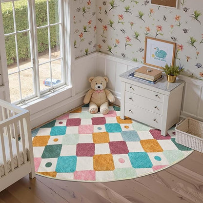 jinchan Macy Kids Rug for Nursery 5ft Radius Corner Washable Area Rug Modern Colorful Quarter Circle Rug Soft Non-Slip Carpet for Bedroom Playroom Daycare Reading Nook Classroom Confetti on Cream
