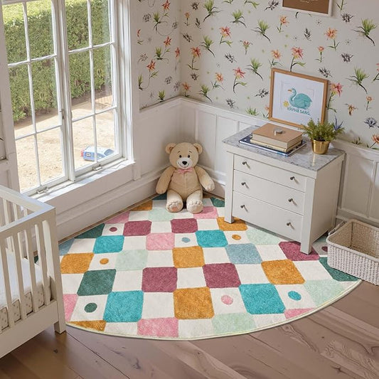 jinchan Macy Kids Rug for Nursery 5ft Radius Corner Washable Area Rug Modern Colorful Quarter Circle Rug Soft Non-Slip Carpet for Bedroom Playroom Daycare Reading Nook Classroom Confetti on Cream