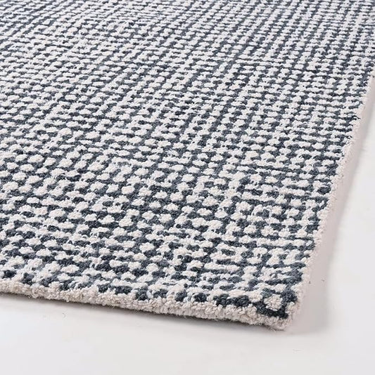 Hand-Tufted 100% Wool Pile Area Rug – Geometric Textured Grid Check Pattern – Thick and Durable Floor Carpet for Bedroom, Living Room, Kids Room, and Dining Area (Charcoal Gray, 5' Round)