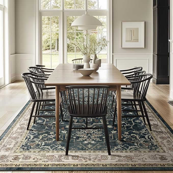 Distressed Farmhouse Area Rugs 6x9 for Living Room, Low Pile Thin Rugs for Bedroom Manchine Washable Non Slip, Dark Medallion Pinted Carpet for Dining Room Guest Room Home Office, Midnight