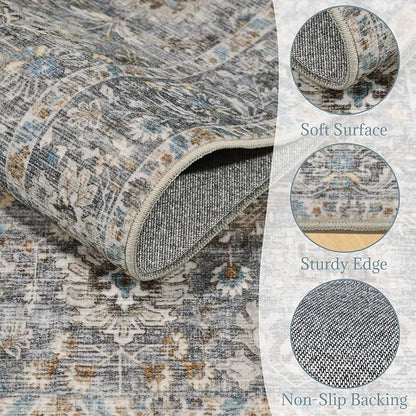 6x9 Washable Rug Vintage Fade Resistant Boho Distressed Non-Slip Indoor Large Carpet Low Pile Lightweight & High-Traffic Safe for Bedroom, Dorm, Playroom - Farmhouse Decor