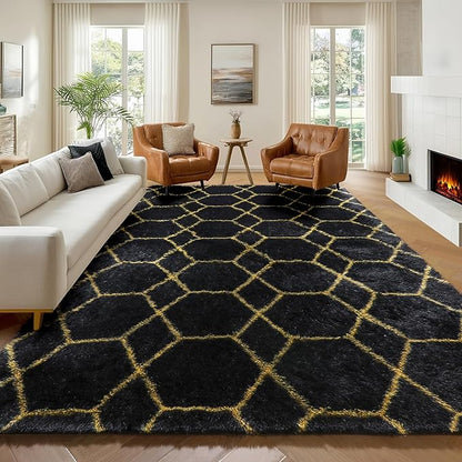ONASAR 6x9 Area Rugs for Living Room Bedroom, Washable Large Fluffy Black and Gold Throw Rug, Geometric Soft Plush Shaggy Fuzzy Floor Carpet for Nursery Kids Girls Boys Teen Dorm Home Office Decor