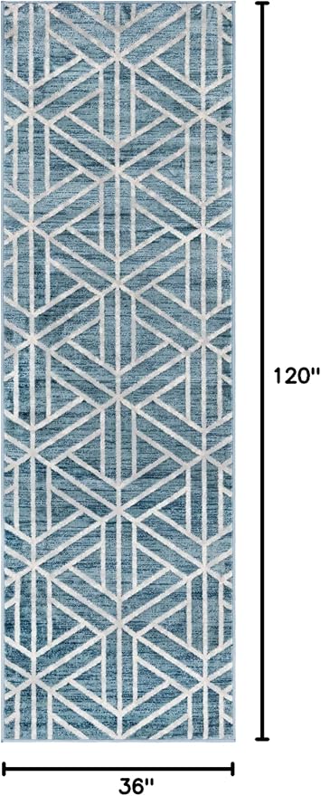 Rugs.com Lattice Trellis Collection Rug – 10 Ft Runner Blue Low-Pile Rug Perfect for Hallways, Entryways