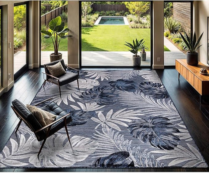 CAMILSON Indoor Outdoor Rug, Navy 10’x14’ Leaf Tropical Botanical Area Rugs for Indoor and Outdoor patios, Easy-Cleaning Non-Shedding Living Room, Garden and Kitchen Washable Outside Carpet (10x14)