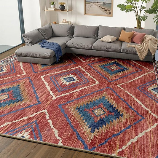 Area Rug 10x12 Rug Machine Washable Non-Slip Low Pile Print Pattern Western Rug for Living Room Bedroom Entryway Tribal Series-Red/Orange