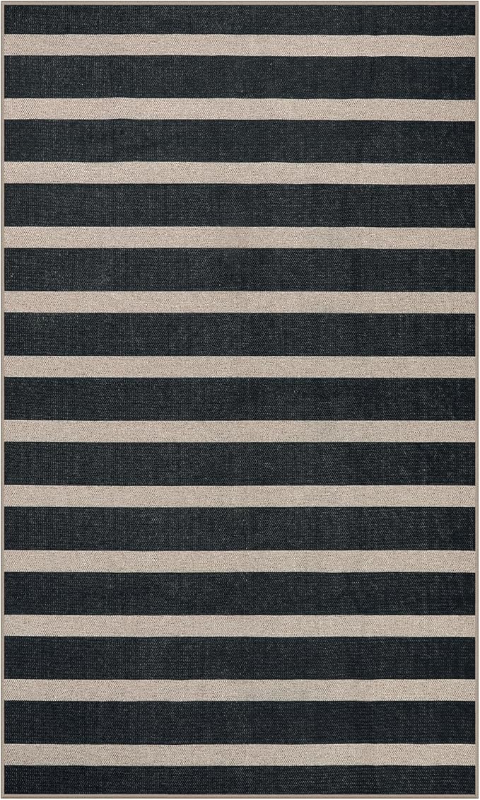 Lahome Striped Easy Jute 3x5 Outdoor Patio Porch Rug, Washable Rugs for Entryway Geometric Indoor Outdoor Living Room Carpet, Farmhouse Neutral Non Slip Black Carpet for Backyard Bedroom