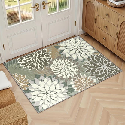 2x3 Washable Small Rug Tropical Botanical Modern Floral Indoor Chenille Door Mat Carpet Non Slip for Patio, Entry Way, Entrance, Porch, Taupe
