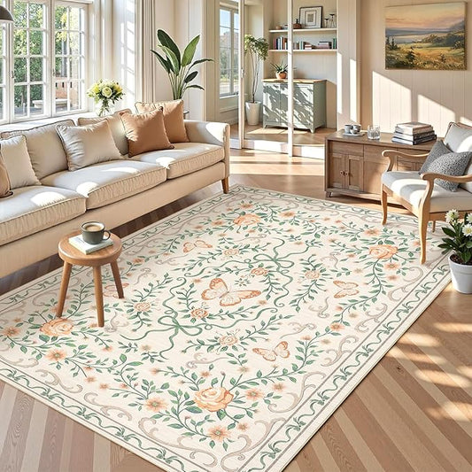 GarveeHome Washable Floral Area Rug 5x7 for Christmas Non Slip Bedroom Rug Soft Stain Resistant Large Dining Room Throw Carpet Low Pile Beige Bow Rugs Butterfly Flower Carpet for Living Room, 5x7