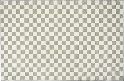 Revival Rugs Gambit 6'7"x9' Checkered Rug Washable Area Rug for Living Room Bedroom - 100% Recycled Oeko-TEX Certified, Medium Pile, Green, Beige