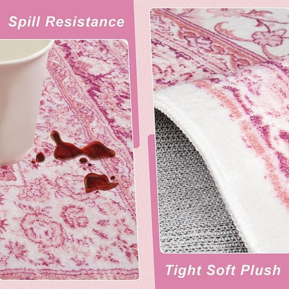 Bright Pink Area Rug for Girls Bedroom, 4x6 Machine Washable Rugs with Non-Slip Backing for Living Room, Cute Vintage Carpet for Kitchen Laundry Kids Room