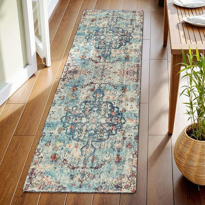 Lahome Bohemian Floral Medallion Runner Rug - 2x6 Hallway Laundry Rug Runner Washable Kitchen Sink Mat Distressed Turkish Non-Slip Soft Bedside Carpet for Doorway Bedroom, Vintage Teal/Multi