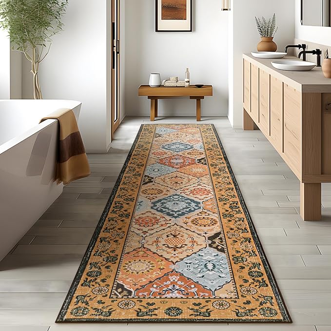 Phantoscope Washable Runner Rug 2'x10' Non-Slip, Vintage Boho Hallway Rugs for Entryway, Stair, Bedroom, Distressed Moroccan Mosaic Diamond Pattern, Low-Pile Foldable Floor Carpet, Terracotta/Rust