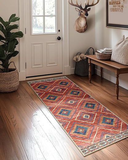 Area Rug 2x10 Rug Machine Washable Non-Slip Low Pile Print Pattern Western Rug for Living Room Bedroom Entryway Tribal Series -Red/Orange