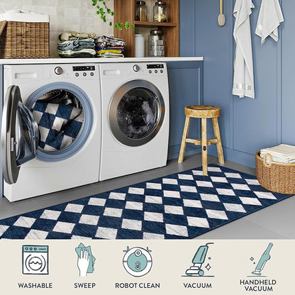 Lahome Checkered 2x8 Hallway Runner Rug,Soft Kitchen Runner Rugs Non Skid Washable,Blue Bathroom Carpet Runners,Moroccan Trellis Low Pile Rug Runners for Entryway Laundry Room Foyer(2'x8',Blue)
