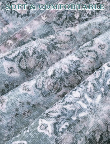 SERISSA Boho Washable Runner Rug, 2'6"x10' Long Non-Slip Vintage Floral Hallway Kitchen Stair Runner Rug Ultra Soft Print Distressed Blue Grey Floor Carpet for Bathroom Laundry Room
