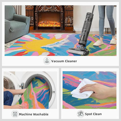 Boho Sun Runner Rugs 3x6ft, Watercolor Mountain Bedside Rug, Abstraction Deco Laundry Rug with Non Slip Backing for Bedroom Kitchen Sink Front Door Entryway Indoor