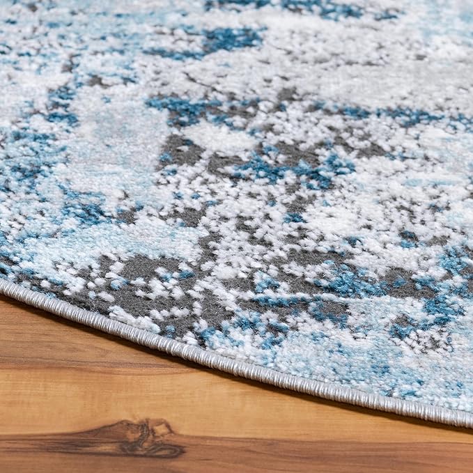 Rugs.com Leipzig Collection Rug – 5 Ft Round Blue Low-Pile Rug Perfect for Kitchens, Dining Rooms