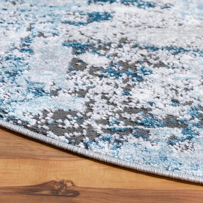 Rugs.com Leipzig Collection Rug – 4 Ft Round Blue Low-Pile Rug Perfect for Kitchens, Dining Rooms