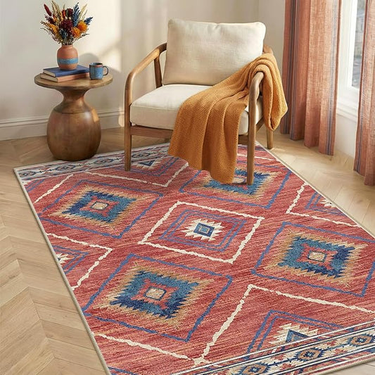 Area Rug 3x4 Rug Machine Washable Non-Slip Low Pile Print Pattern Western Rug for Living Room Bedroom Entryway Tribal Series-Red/Orange