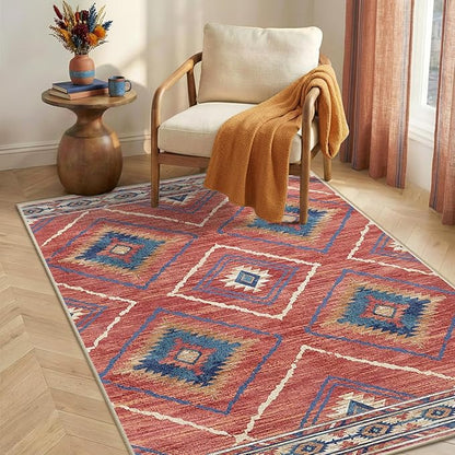 Area Rug 4x6 Rug Machine Washable Non-Slip Low Pile Print Pattern Western Rug for Living Room Bedroom Entryway Tribal Series -Red/Orange