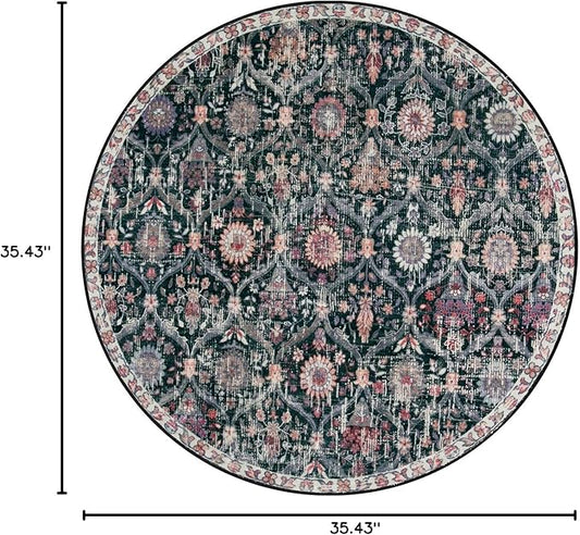 Lahome Moroccan Trellis Round Area Rugs, Washable Small Round Rug 3ft Non-Slip, Soft Vintage Ultra-Thin Circle Carpet for Bedroom Entryway Kitchen Laundry Bathroom, Black/Multi
