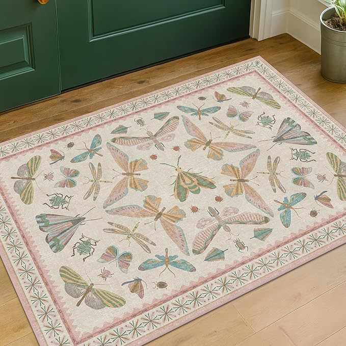 Light Pink Bathroom Rug - Washable 2x3 Small Kitchen Rugs for Powder Room, Front Door Indoor Entrance, Low Pile Stain Resistant, Colorful Pastel Aethestic