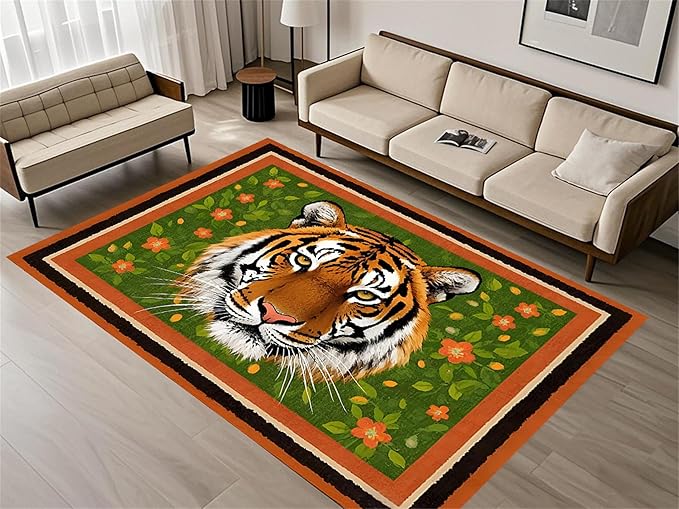 Tiger Print Rug,3x5ft,The Tiger is Surrounded by Orange and Green Floral Patterns. This Rug is Suitable for Boys and Girls' Bedrooms，Anti-Slip Carpet Suitable for Living Room Bedroom Home Decoration