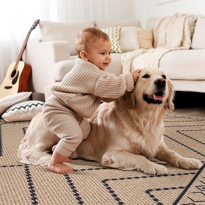 Tangsoo Modern Easy Jute Rug 5x7 Large Washable Area Rug for Dining Room,Geometric Ultra Thin Non-Slip Indoor Outdoor Rug,Farmhouse Carpet for Living Room Patio Bedroom