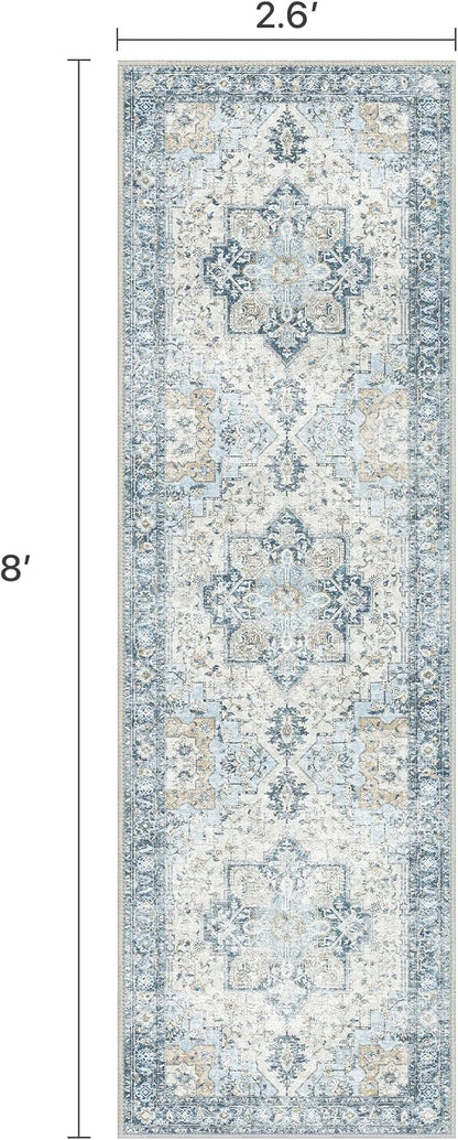 Runner Rug 2'6''x8, Non Slip Vintage Hallway Runner Rugs, Low Pile Lightweight Machine Washable Mat for Hallway, Entryway, Bedroom, Kitchen and Corridor, Blue