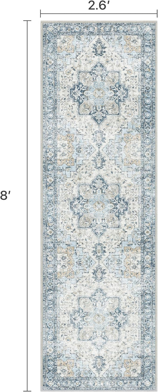 Runner Rug 2'6''x8, Non Slip Vintage Hallway Runner Rugs, Low Pile Lightweight Machine Washable Mat for Hallway, Entryway, Bedroom, Kitchen and Corridor, Blue