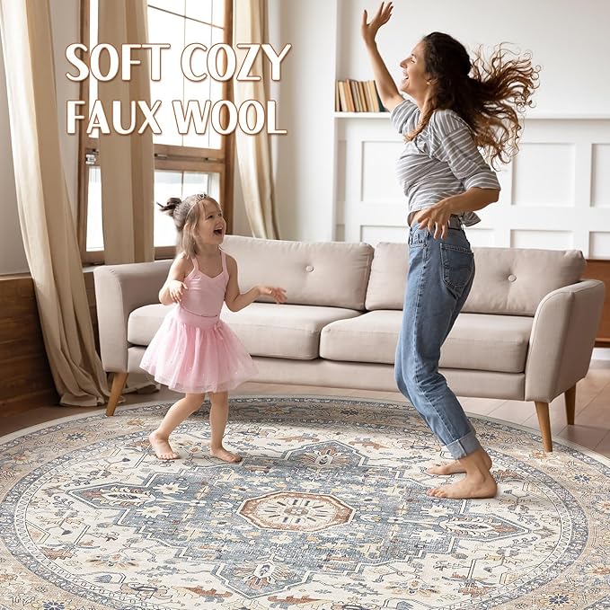 Round Rug Living Room Rugs: 6Ft Washable Boho Neutral Large Circle Soft Indoor Distressed Stain Resistant Floor Farmhouse Carpet for Bedroom Nursery Kids Playroom Office Dining Room Dorm- Beige Blue