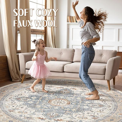 Round Rug Living Room Rugs: 7x7 Washable Boho Neutral Large Circle Soft Indoor Distressed Stain Resistant Floor Farmhouse Carpet for Bedroom Nursery Kids Playroom Office Dining Room Dorm- Beige Blue