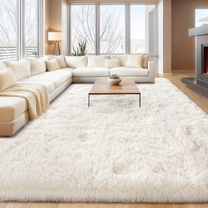 Cream White Plush Rug for Living Room Fuzzy Carpet for Bedroom Dorm, Non-Slip High Pile Rug, Shag Rug for Playroom Nursery Home Office Decor 5X7 Ft