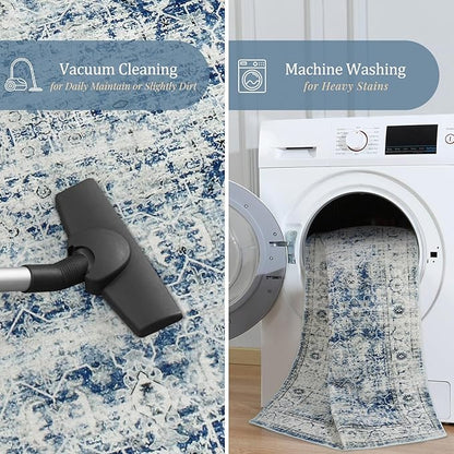 Morebes Vintage Washable Laundry Room Rugs and Mats,2.5x8 Blue Runner Rug Non Slip,Long Runner Rug for Entryway Indoor, Distressed Throw Rug Indoor Entrance Floor Carpet Runner, Blue