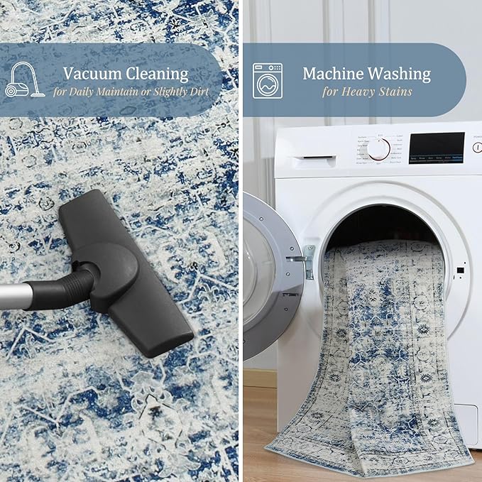 Morebes Vintage Hallway Runners 12 Ft Non Slip, Washable Blue Hall Runner Rugs, Super Soft Distressed Extra Long Floor Carpet for Kitchen Entryway Living Room Dining Farmhouse