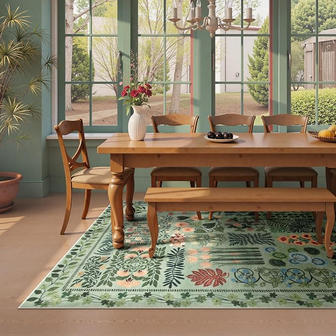 Floral Boho Washable 5x7 Area Rug for Living Room, Green Botanical Rug for Bedroom Dining Room Low Pile Non Slip, No Shed Large Carpet for Home Office Decor