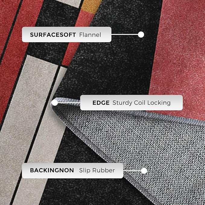 4x6 Abstract Geometric Rugs for Bedroom Decor, Washable Black White Red Geometry Pattern Area Rug, Living Room Home Decoration, Non Slip Soft Thin, Minimalist Modern Decor Carpet PF-P 49