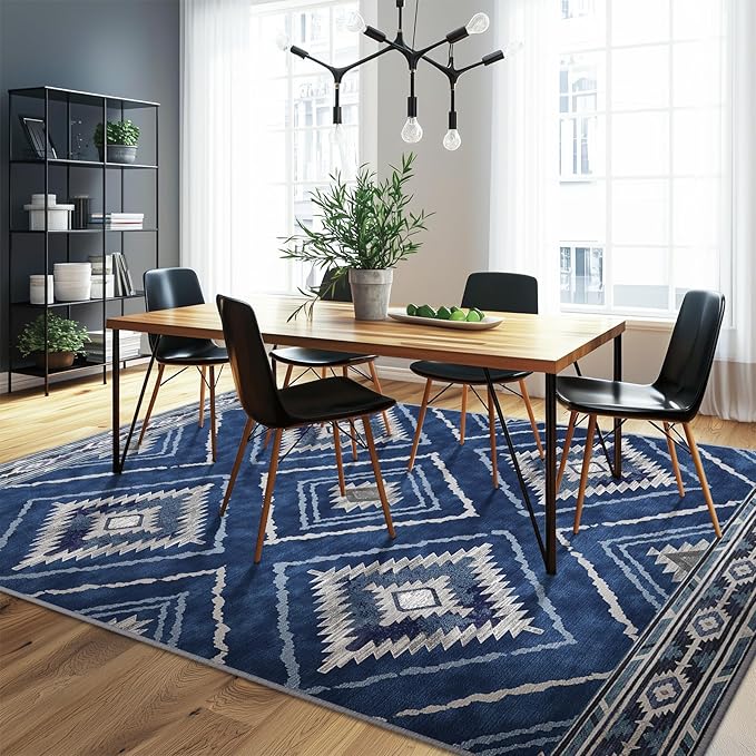 Area Rug 9x12 Rug Machine Washable Non-Slip Low Pile Print Pattern Western Rug for Living Room Bedroom Entryway Tribal Series -Blue/Gray